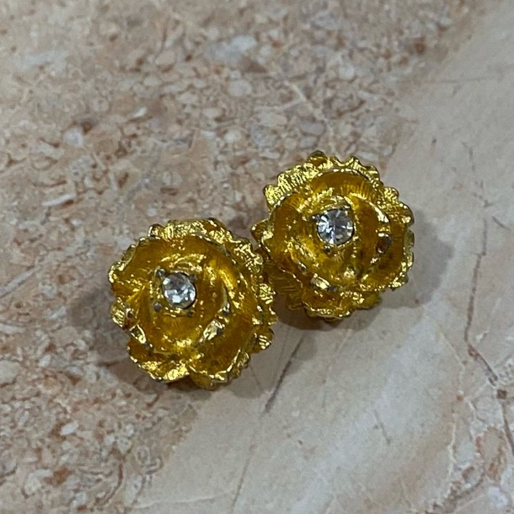 3/$15 Vintage Gold-tone Rose and Crystal Stud Earrings